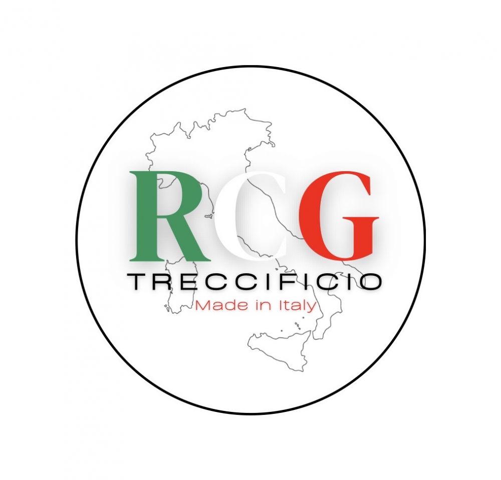 Logo RCG Treccificio made in Italy con colori bandiera italiana e sfondo continente italiano